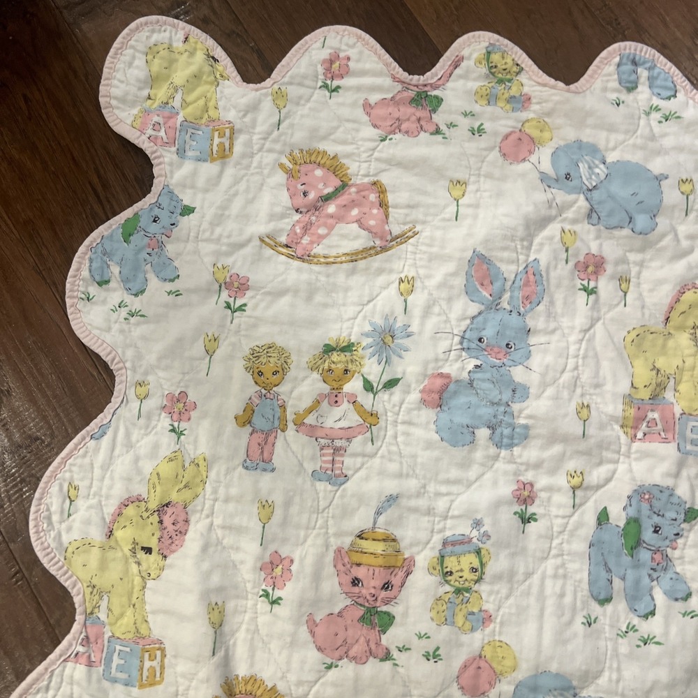 Vintage Baby Blanket Crib Quilt Pastel Boy GIrl Bunny  44x31" - Picture 4 of 8